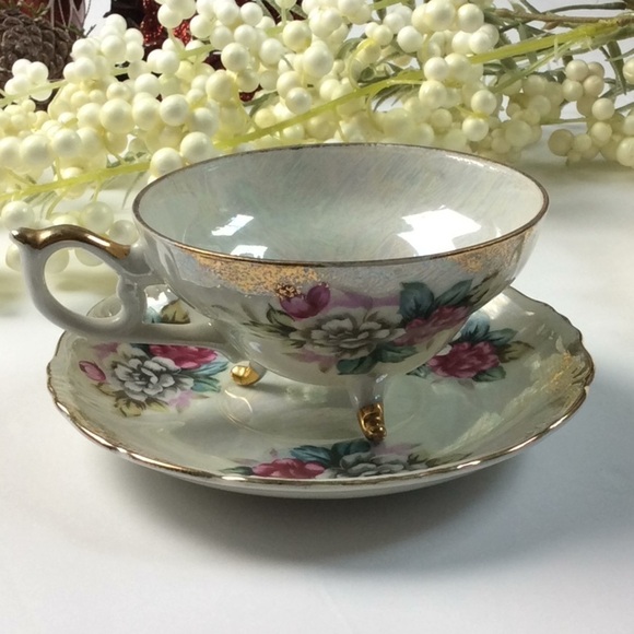 Tea Cup & Saucer Pearl Iridescent Tri-Footed Japan - Picture 14 of 15